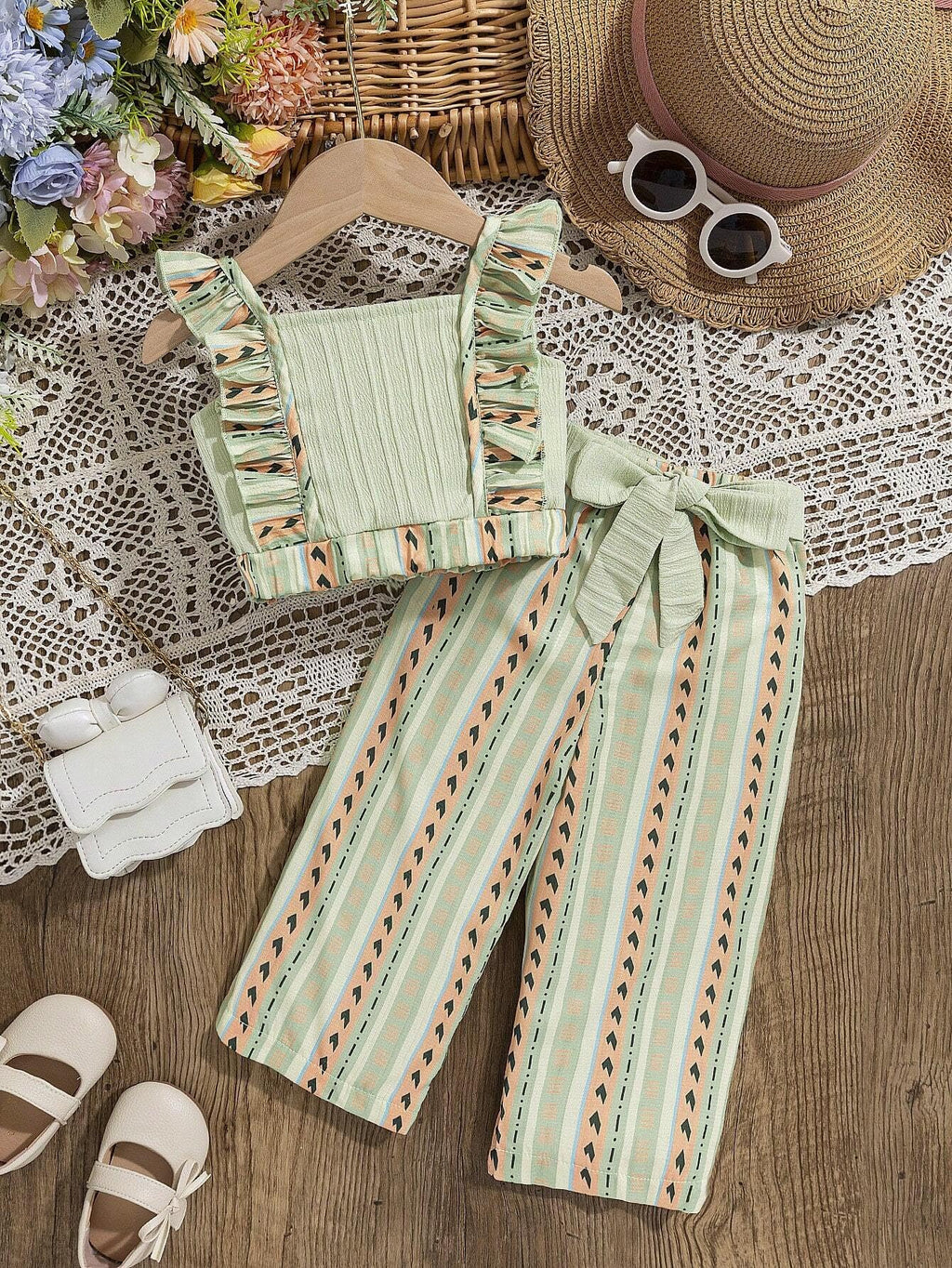 TAGAS Polyester Girl Summer Casual Top Puff Sleeve and Printed Long Pants 2pcs Outfit || Two-Piece Set FOR GIRLS ||Girls Clothin