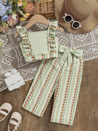 TAGAS Polyester Girl Summer Casual Top Puff Sleeve and Printed Long Pants 2pcs Outfit || Two-Piece Set FOR GIRLS ||Girls Clothin
