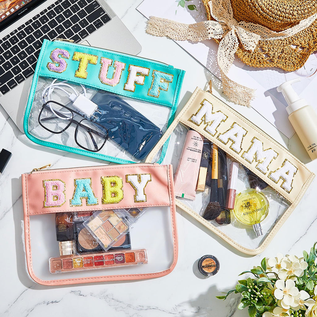 3 Pcs Chenille Letter Zipper Pouch for Travel Clear Snack Bags Waterproof Cosmetic Pouch Nylon Gym Beach Multipurpose Makeup Bag