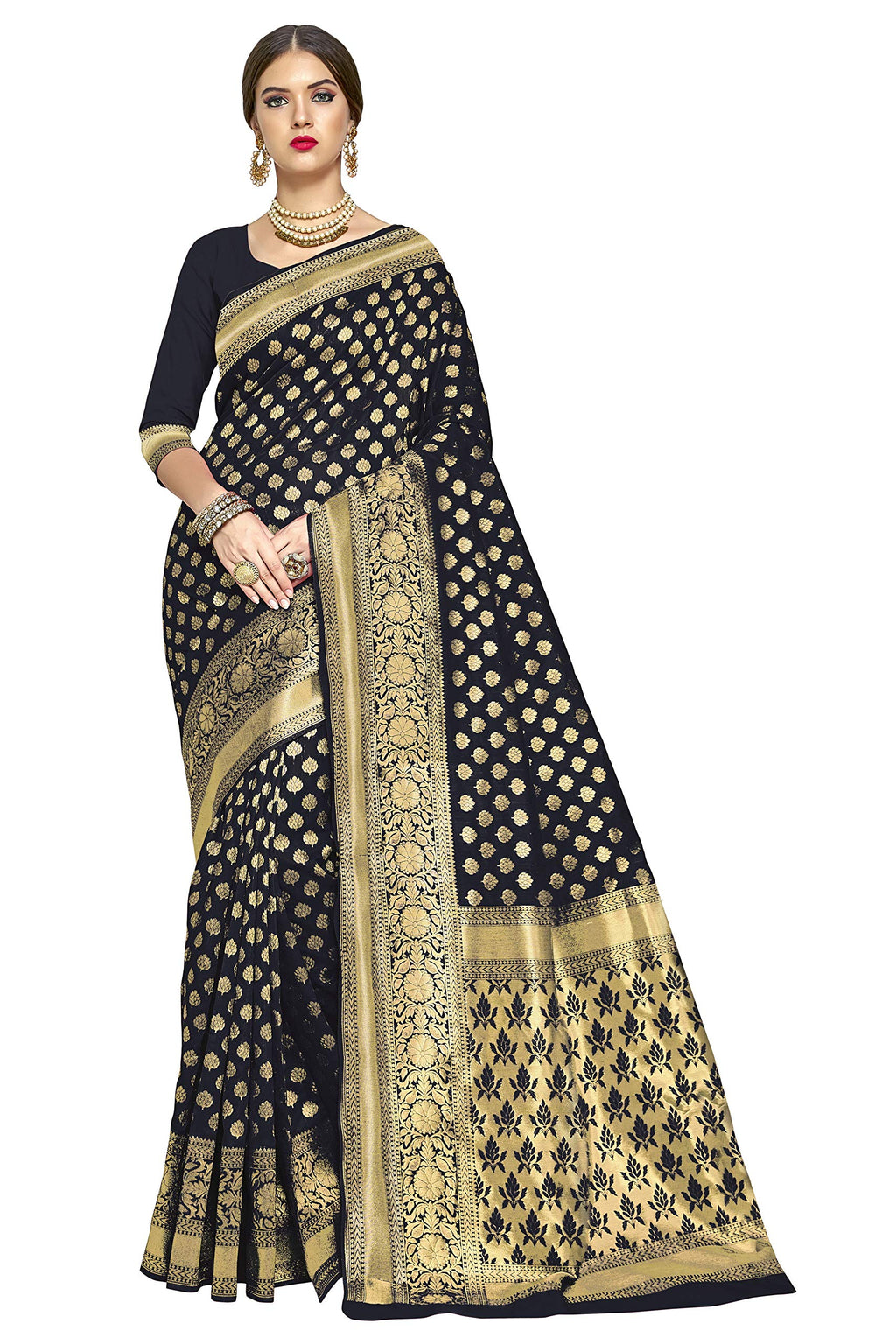 Glory Sarees Womens Jacquard Art Silk Kanchipuram Saree (kara115black_Black)