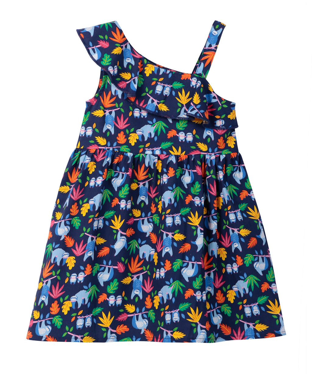 ONE SHOULDER RUFFLE DRESS NAVY BLUE