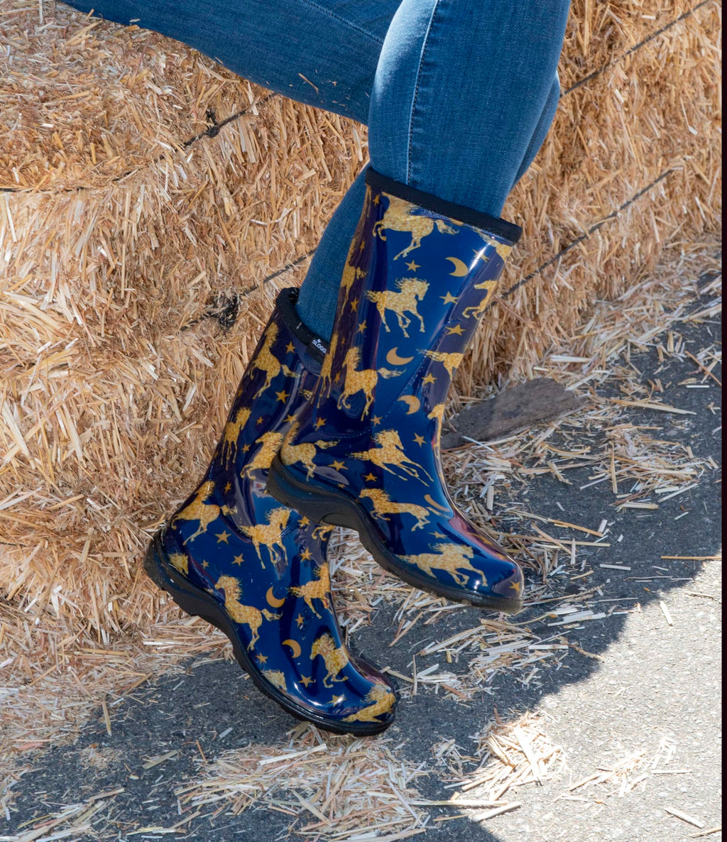 Sloggers Waterproof Garden Rain Boots for Women - Cute Mid-Calf Mud & Muck Boots with Premium Comfort Support Insole, (Horse Sta