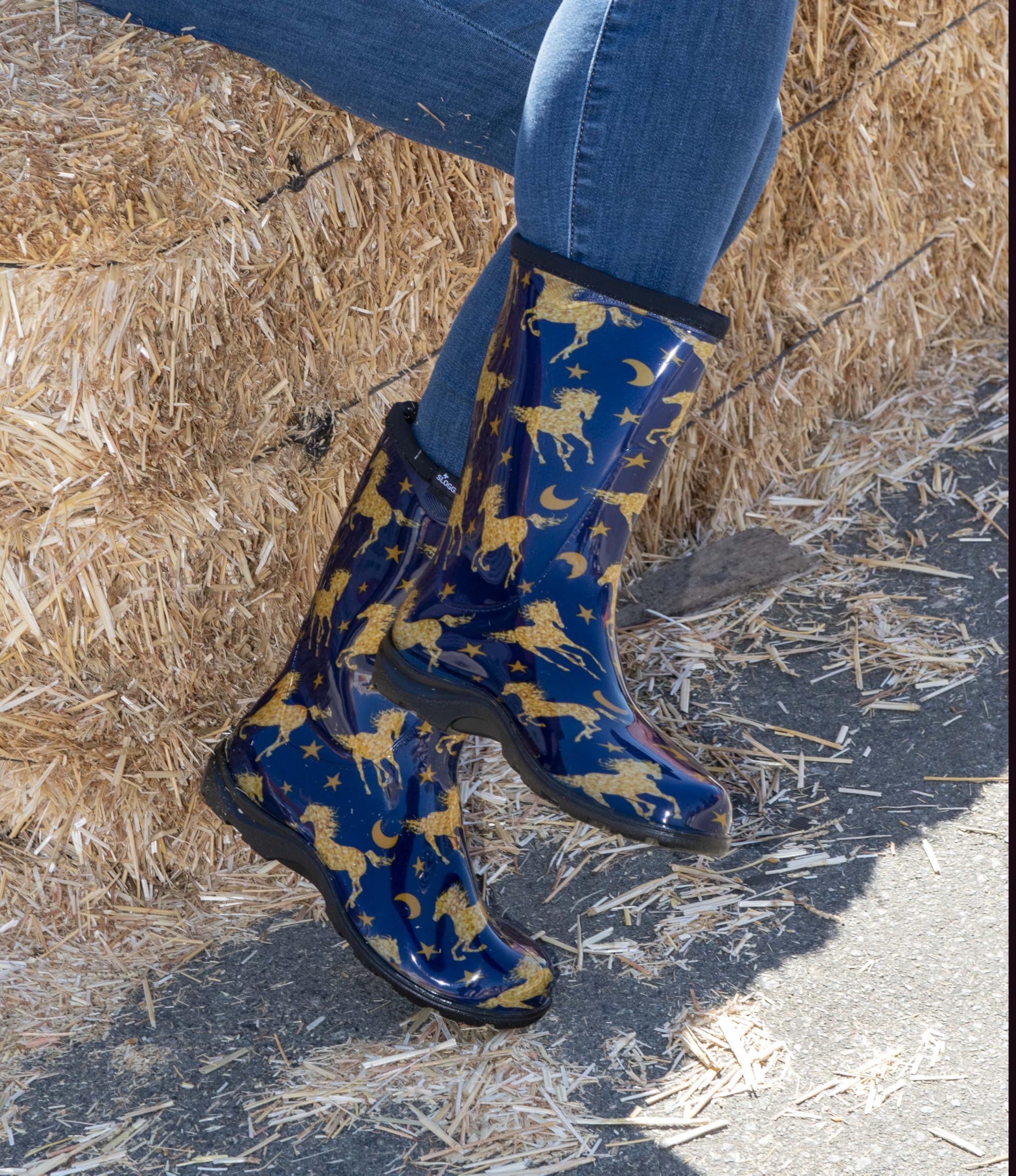 Sloggers Waterproof Garden Rain Boots for Women - Cute Mid-Calf Mud & Muck Boots with Premium Comfort Support Insole, (Horse Sta