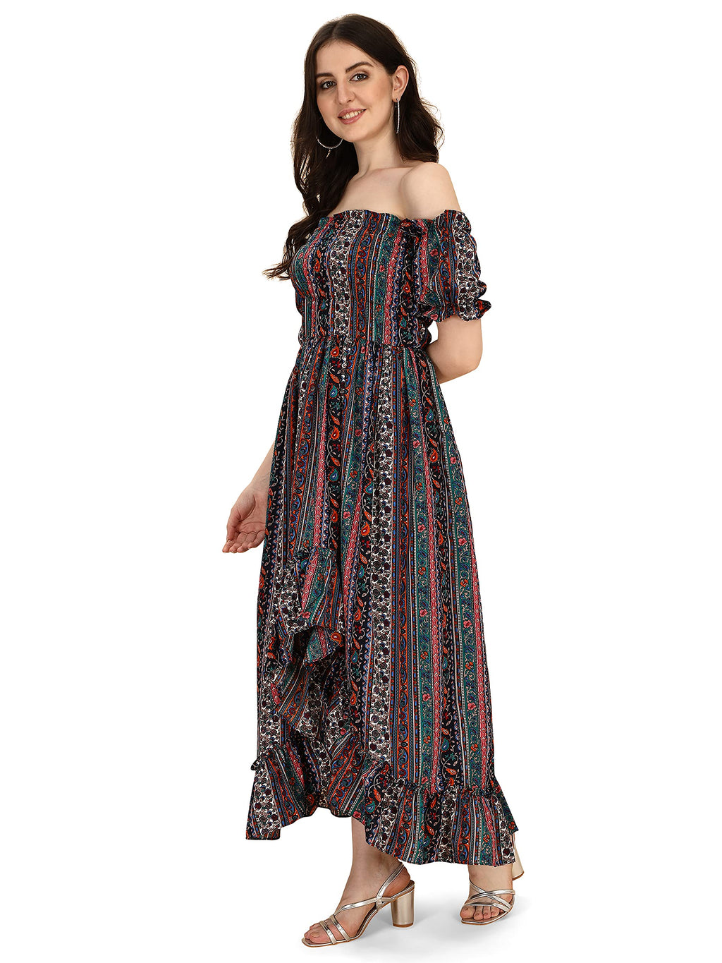 Oomph! Flared Dress For Women Stylish | Long One Piece For Women | Off Shoulder Puff Sleeve Long Dress | Floral Print Maxi One P