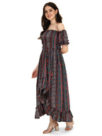 Oomph! Flared Dress For Women Stylish | Long One Piece For Women | Off Shoulder Puff Sleeve Long Dress | Floral Print Maxi One P