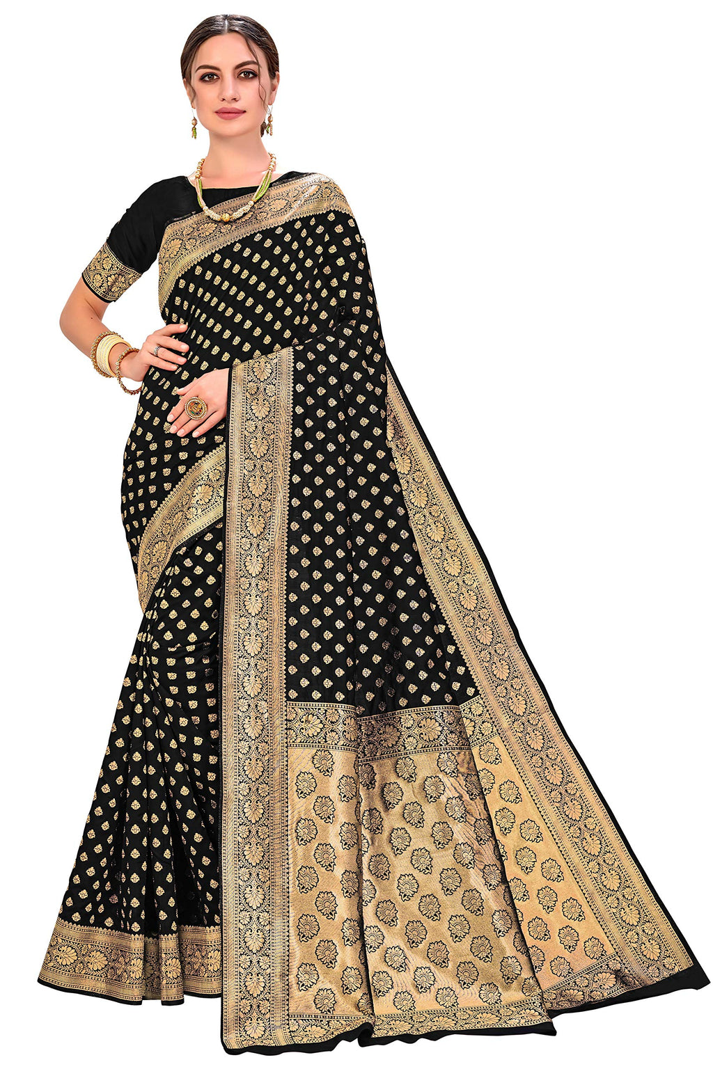 Glory Sarees Womens Jacquard Silk Blend Saree (kara128_Black