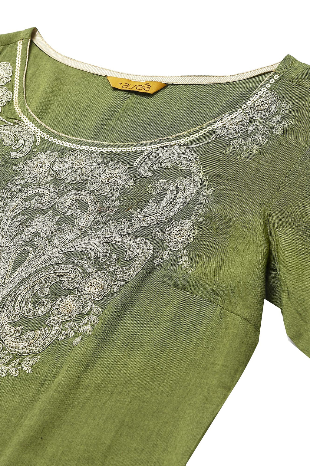 Aurelia Women Love Bird Green Rayon Solid Yarn Dyed Straight Kurta