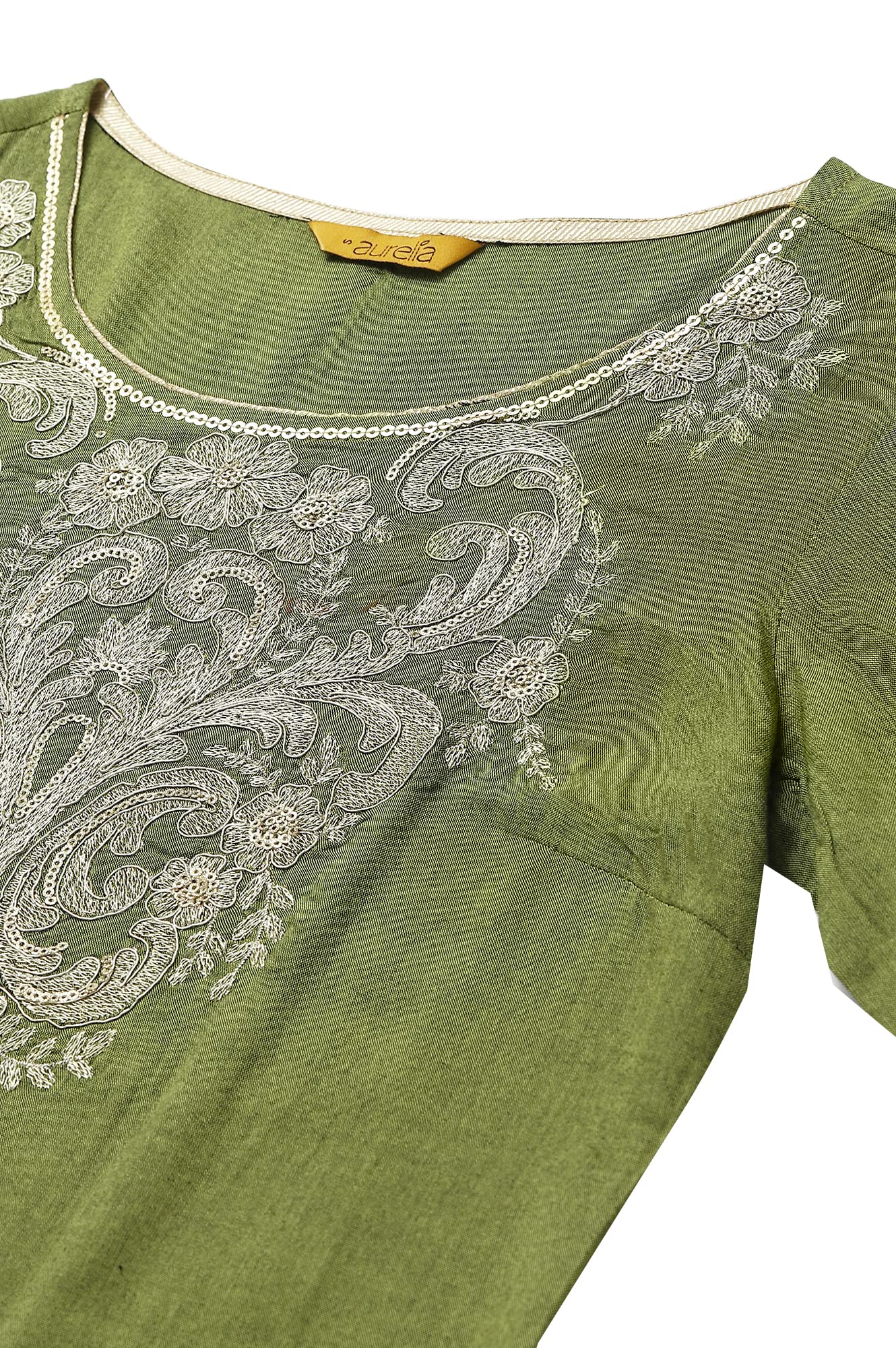 Aurelia Women Love Bird Green Rayon Solid Yarn Dyed Straight Kurta