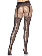 Faux garter belt fishnet tights with lace up backseam.