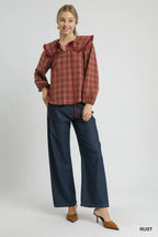 Umgee Full Size Plaid Ruffle Collar Blouse Plus Size