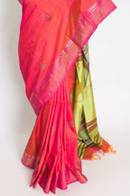 Malini : Bishnupur Katan Silk Saree in Peach Orange and Green