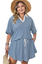 Blue Stripe Short Sleeve Collared V Neck Top Plus Size Short Set