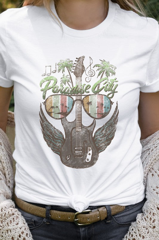 Retro Paradise City Guitar With Wings Graphic Tee T-Shirt