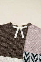 Brown Plus Size Color Block Patchwork Knotted Back Loose Fit Sweater