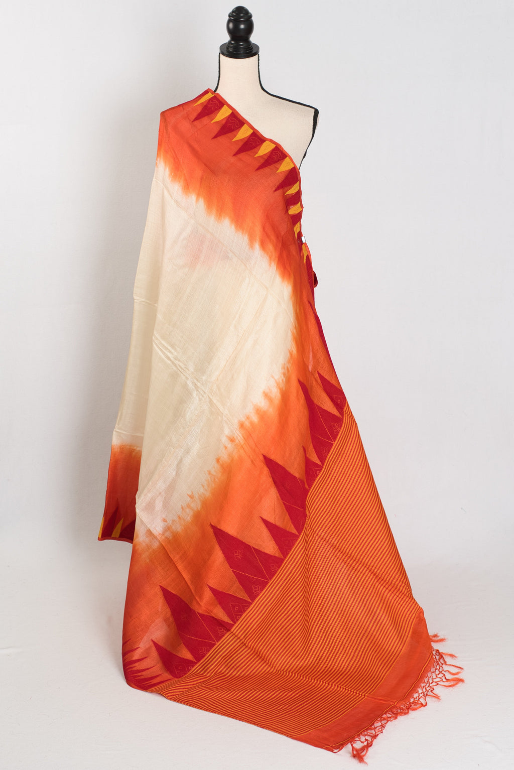 Kalpana: Cream & Orange Bengal Tussar Silk Saree | Silk Mark Certified