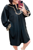 Black Plus Size Notched Neck Leopard Trim Flounce Long Sleeve Shift Dress