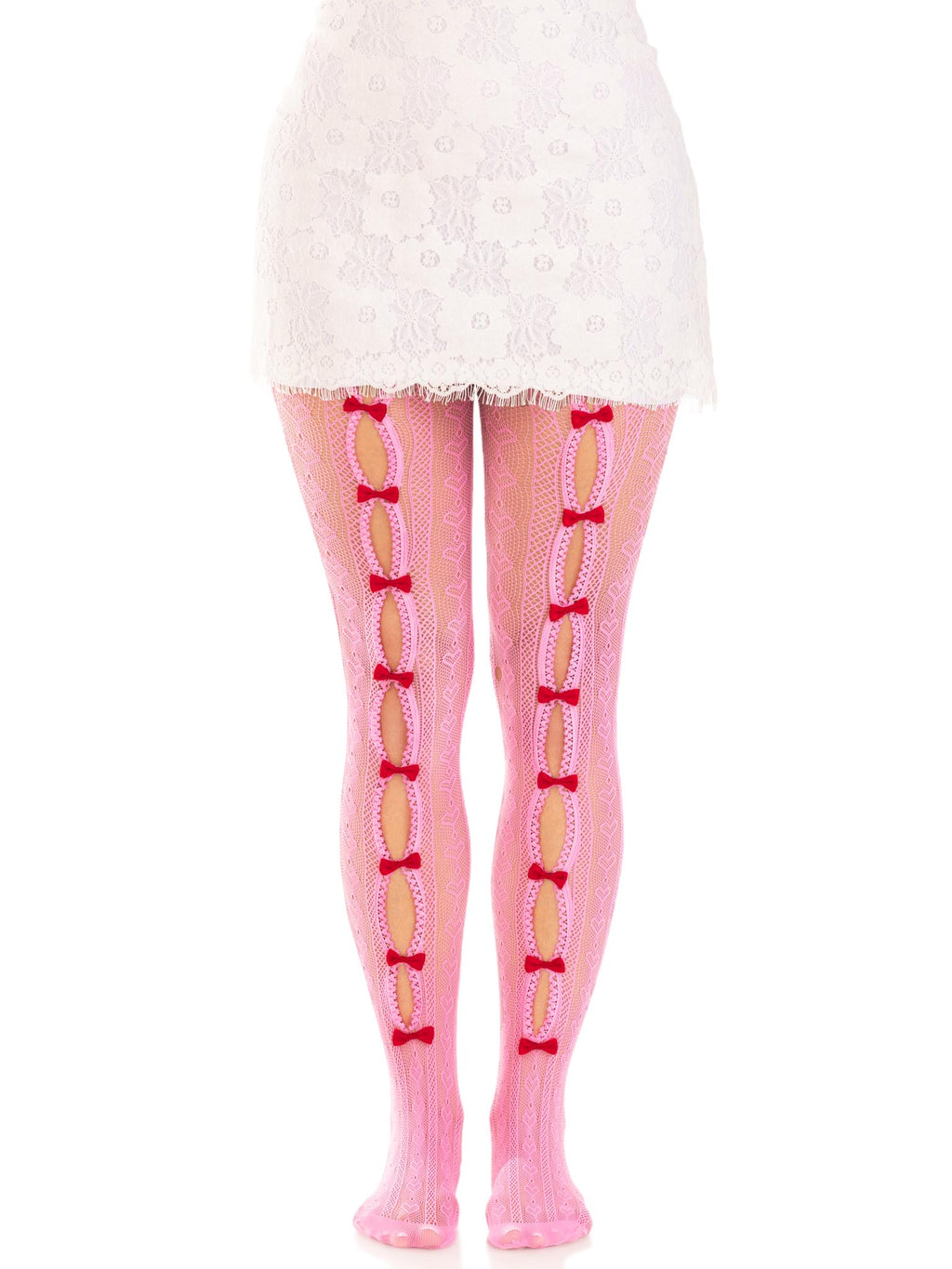 Sweetheart striped net tights with keyhole and mini bow detail.