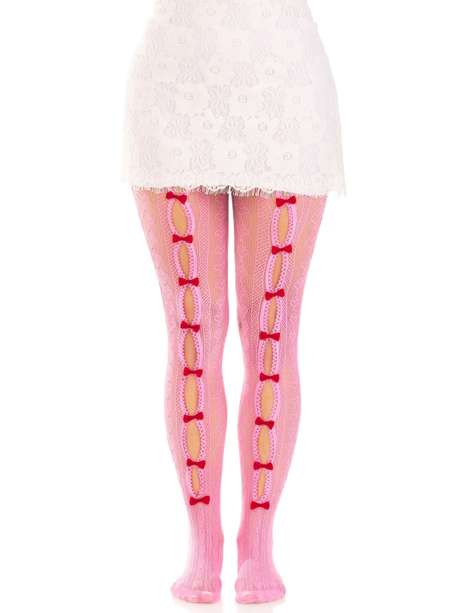 Sweetheart striped net tights with keyhole and mini bow detail.
