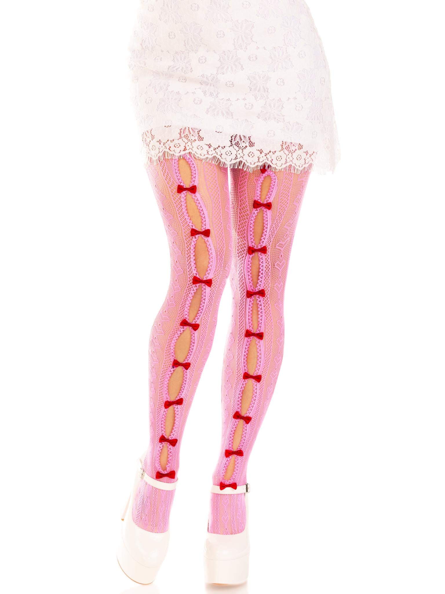 Sweetheart striped net tights with keyhole and mini bow detail.
