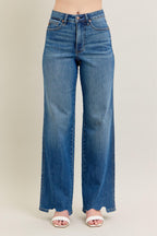 Judy Blue Full Size High Waist Tummy Control Chew Hem Destroy Wide Jeans Plus Size