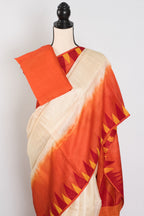 Kalpana: Cream & Orange Bengal Tussar Silk Saree | Silk Mark Certified