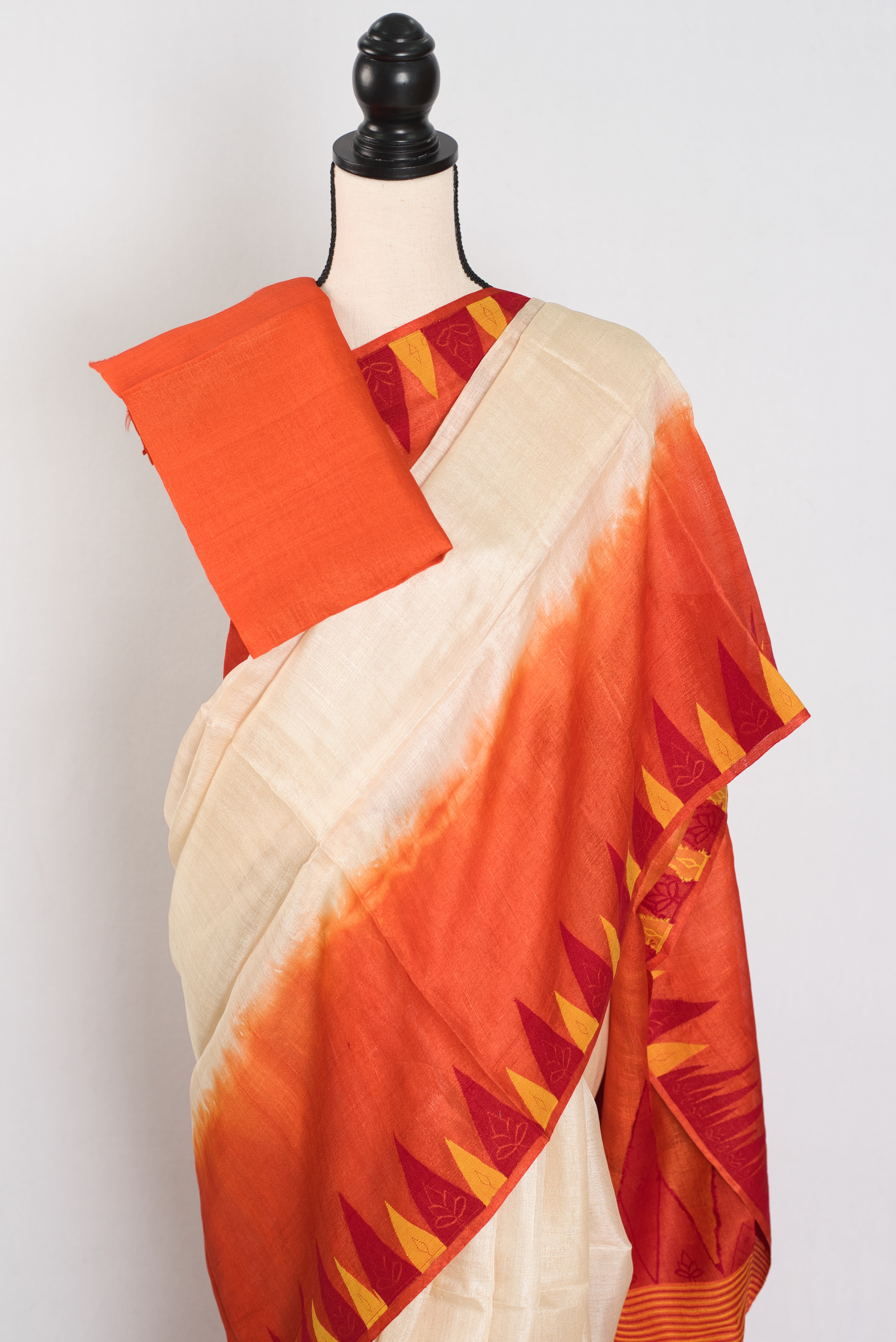 Kalpana: Cream & Orange Bengal Tussar Silk Saree | Silk Mark Certified