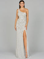 One-Shoulder Beaded Gown with Slit