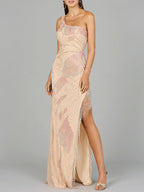 Lara 9948 - One Shoulder Beaded Gown with Fringe Slit