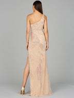 Lara 9948 - One Shoulder Beaded Gown with Fringe Slit