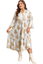 Khaki Patterned Ruffled Sleeve Half Placket Tiered A-line Plus Size Long Dress