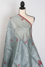 Benu: Grey & Red Bengal Tussar Silk Saree | Intricate Jamdani Weaving
