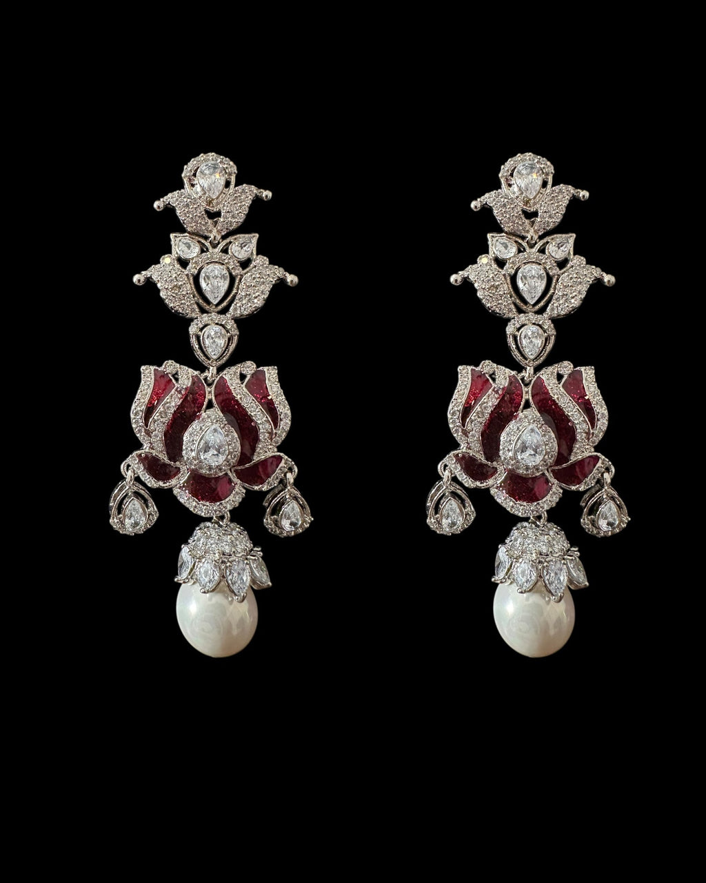 DER809 Lotus Cz earrings -Maroon ( READY TO SHIP )