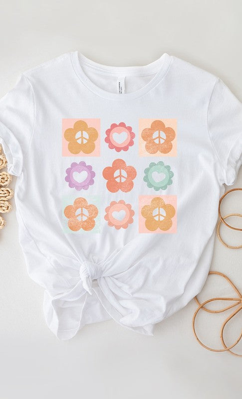 Peace Flower Power Grid Spring Graphic Tee T-Shirt