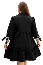 Black Contrast Trim Knot Cuffs Plus Size V Neck Mini Dress
