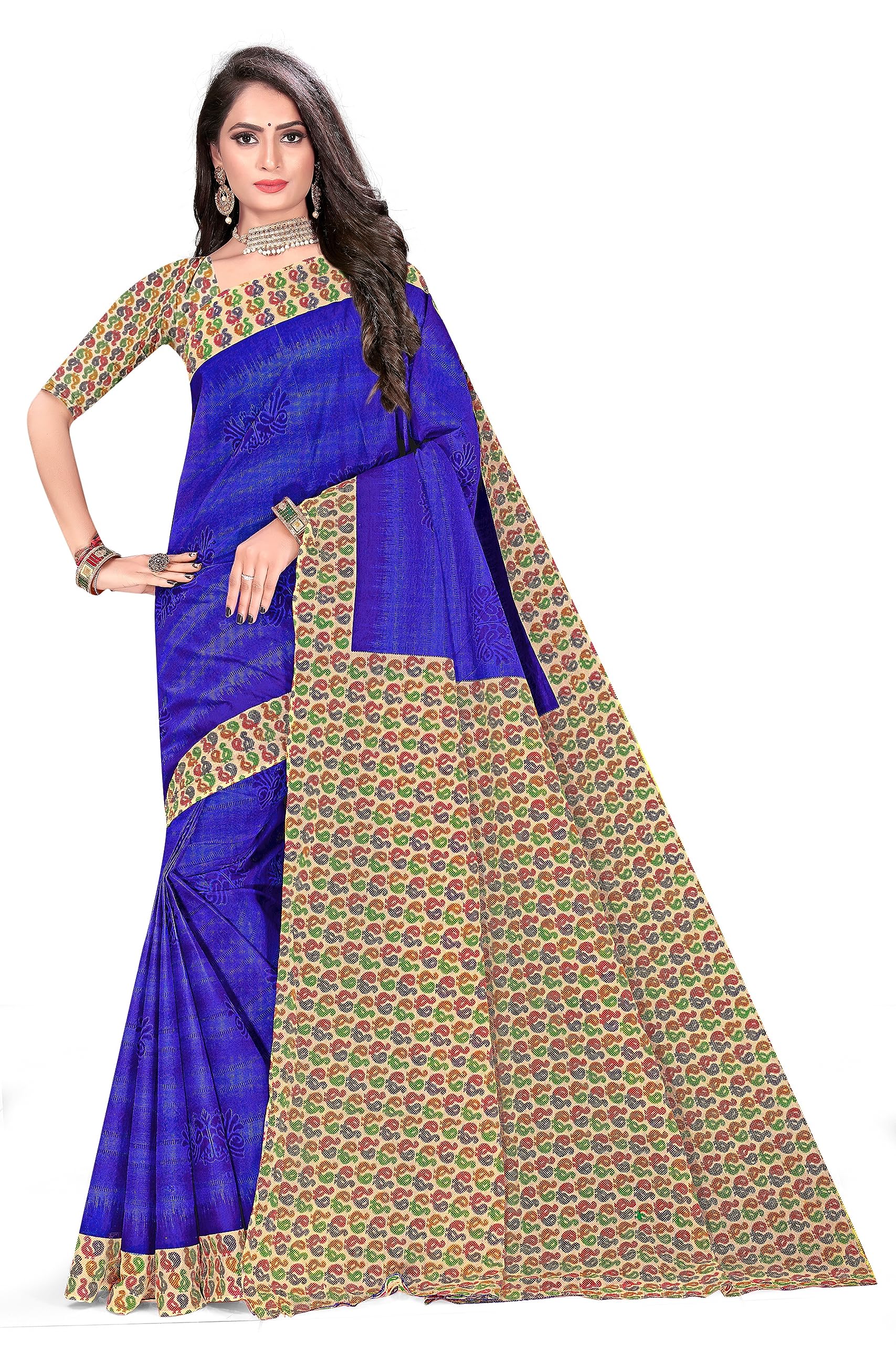 TAMAIRA FASHION Womens Plain Weave Pure Cotton Saree With Blouse Piece(11296_Blue)