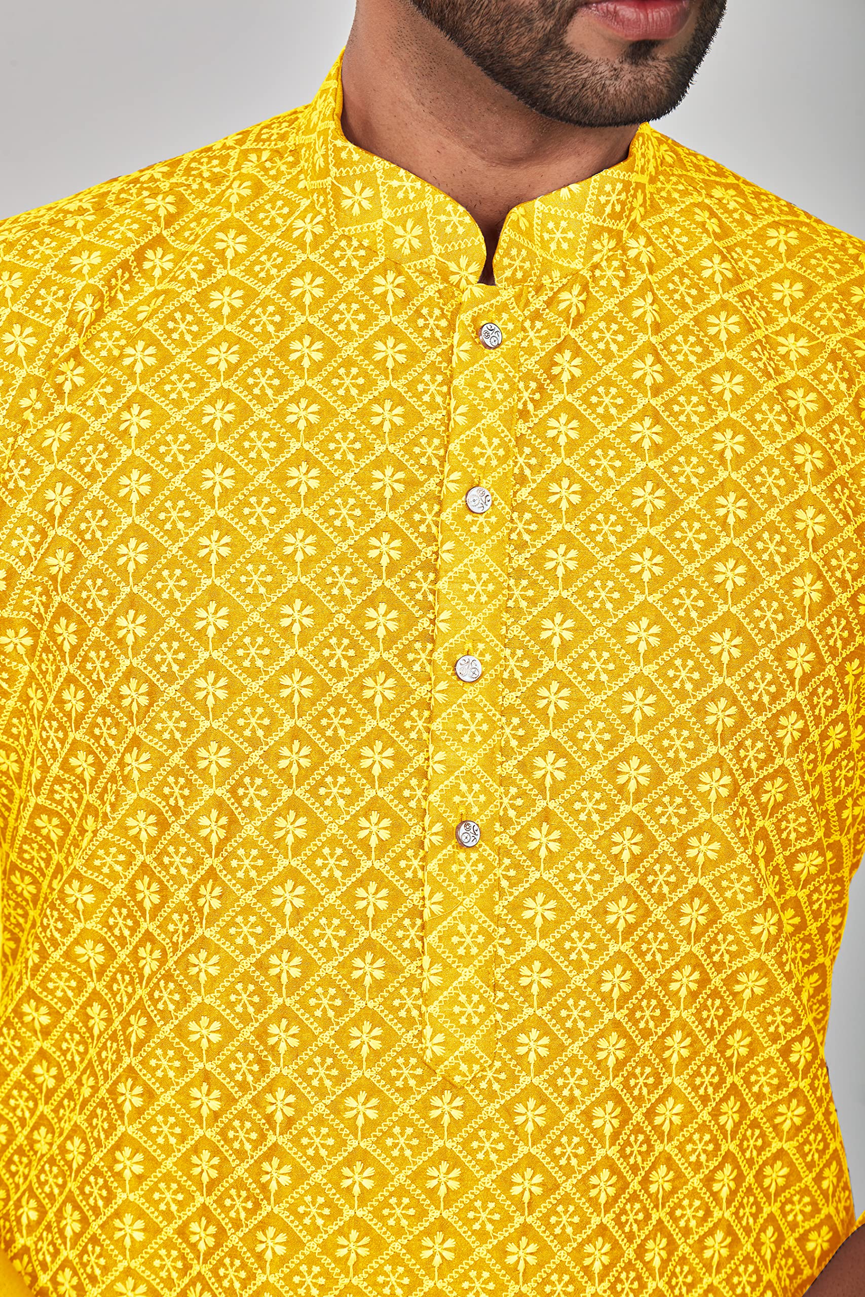 Be Active MenS Embroidered Lucknowi Yellow Kurta Set || Men Kurta Pajama || Men Kurta Pajama Set || Kurta Pajama For Men (Rfsk0