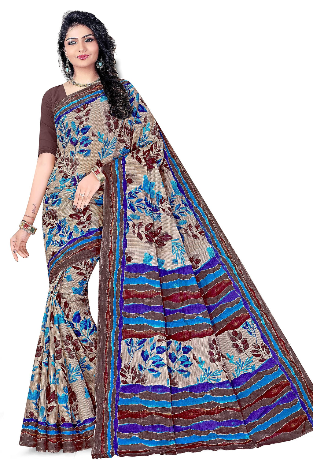 TAMAIRA FASHION Womens Hand Painted Pure Cotton Saree Without Blouse Piece(11200_Beige&Turquoise)