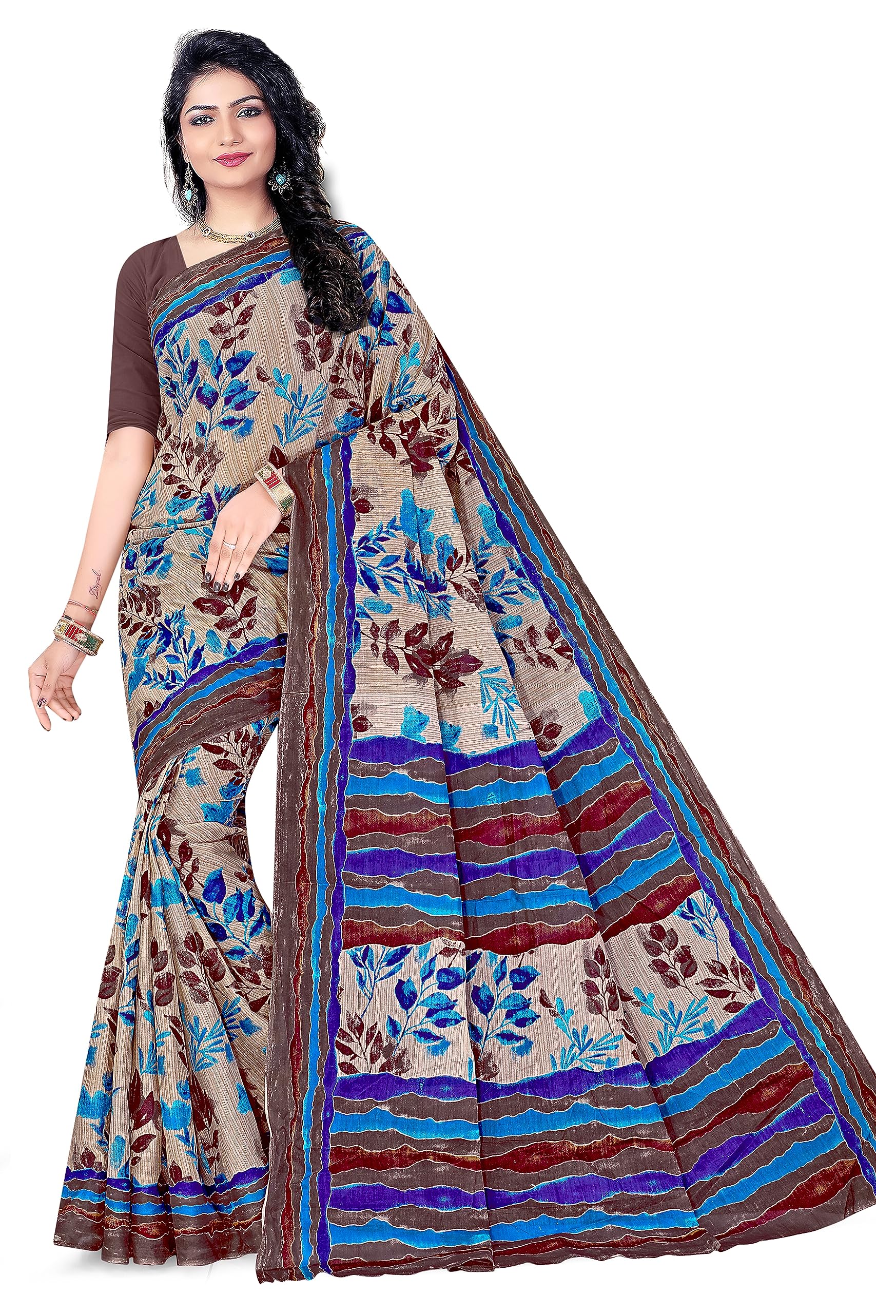 TAMAIRA FASHION Womens Hand Painted Pure Cotton Saree Without Blouse Piece(11200_Beige&Turquoise)
