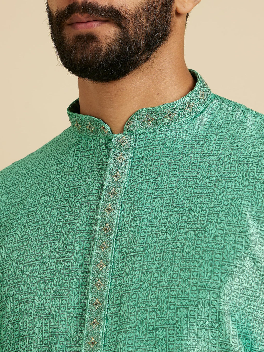 Manyavar Mens Art Silk Intricate Prints & Neck Detailing Kurta Pyjama Set
