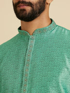 Manyavar Mens Art Silk Intricate Prints & Neck Detailing Kurta Pyjama Set