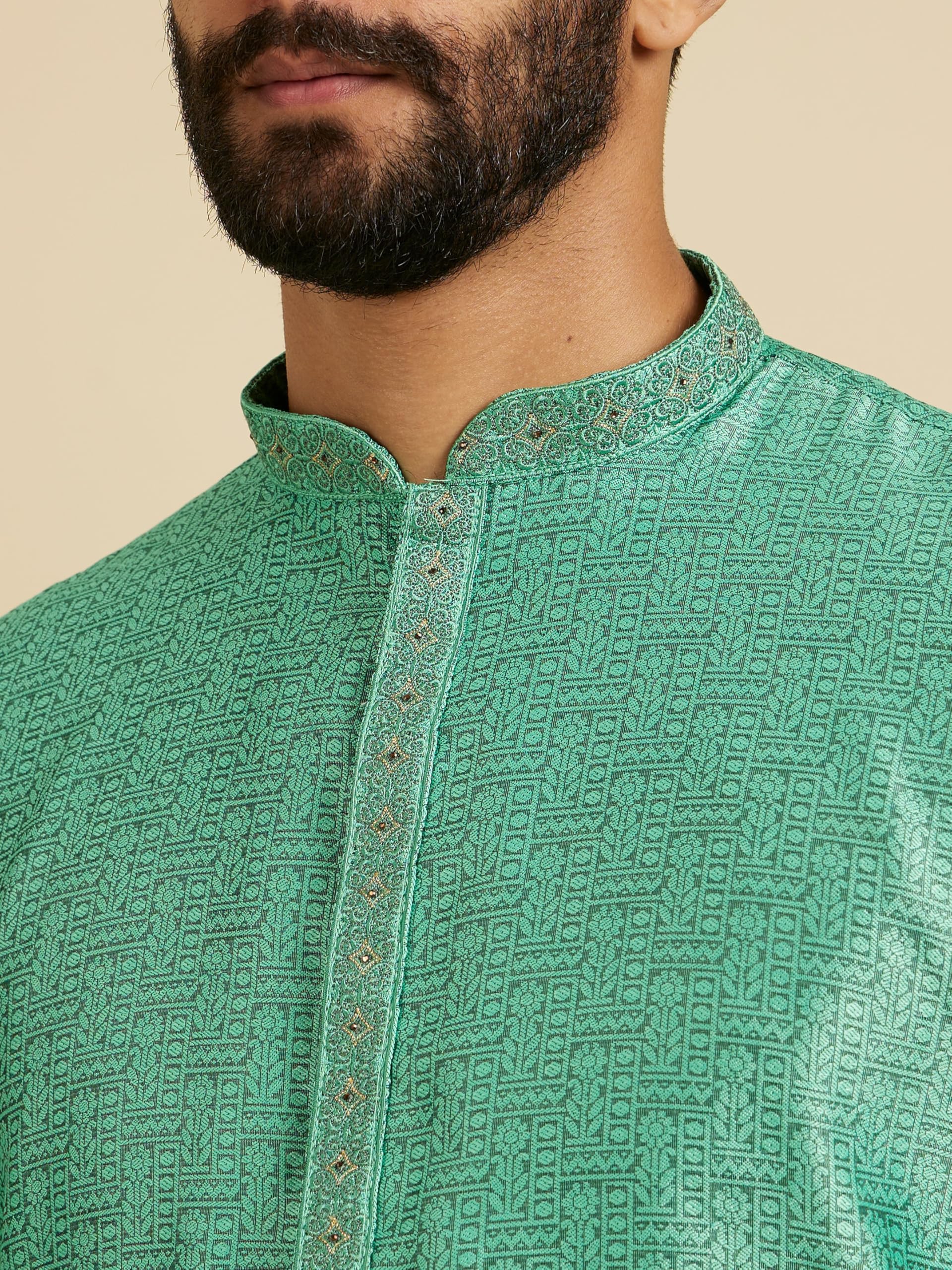 Manyavar Mens Art Silk Intricate Prints & Neck Detailing Kurta Pyjama Set