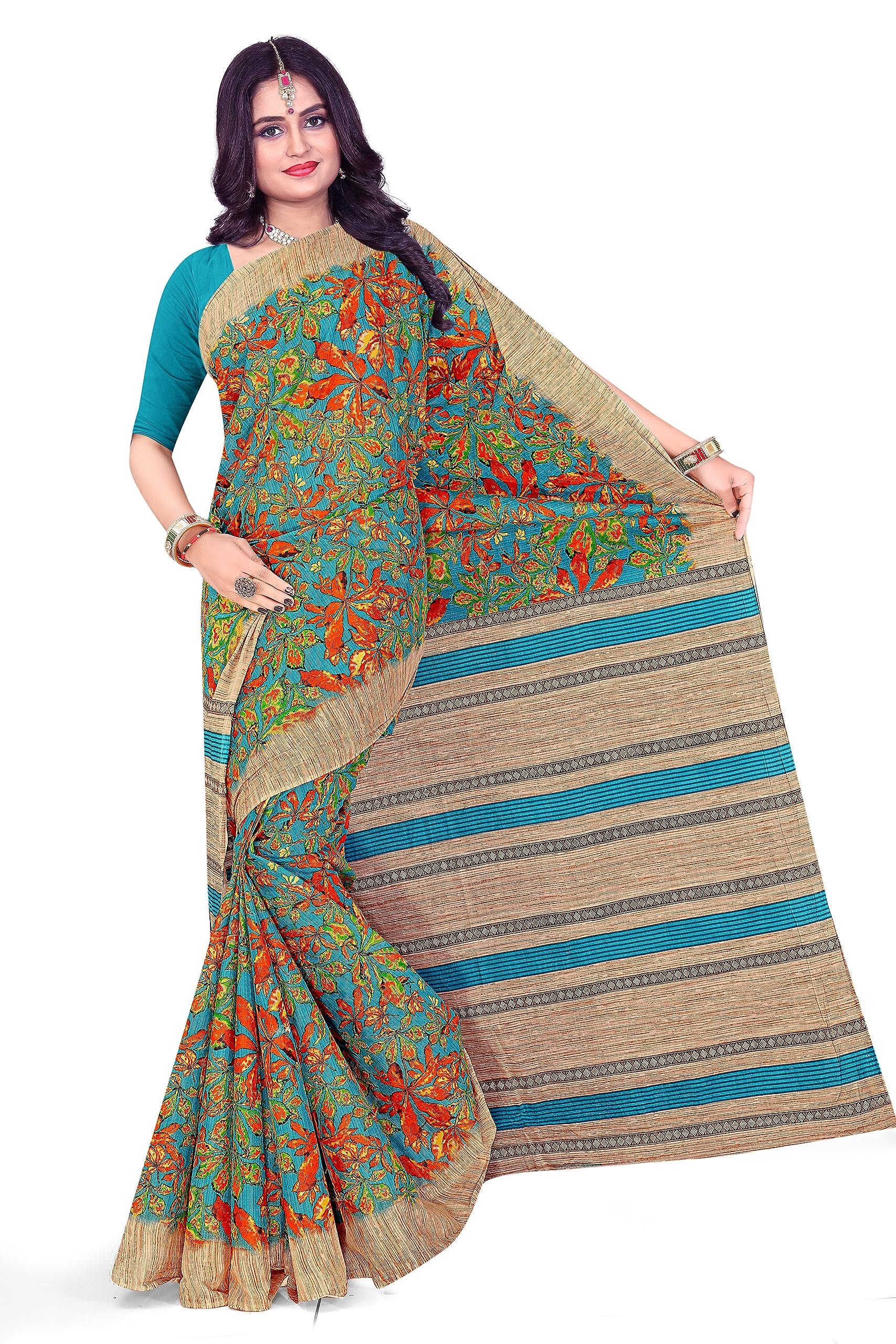 Tamaira Fashion WomenS Autumn Leaf Print Pure Cotton Saree Without Blouse Piece