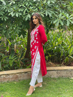 ANNI DESIGNER Womens Cotton Blend Straight Chikankari Embroidered Kurta (River RED_M_Red_Medium)