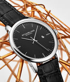 Stuhrling Original Mens Black Watch Calfskin Leather Strap Classic Dress Wrist Watch Minimalist Analog Watch Dial with Date Mens