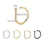 3Pcs 20G Stainless Steel D Shape Thin Nose Ring Screw Hoop Curved Barbells Fake Lip Piercing, Hypoallergenic Nose Septum Clip