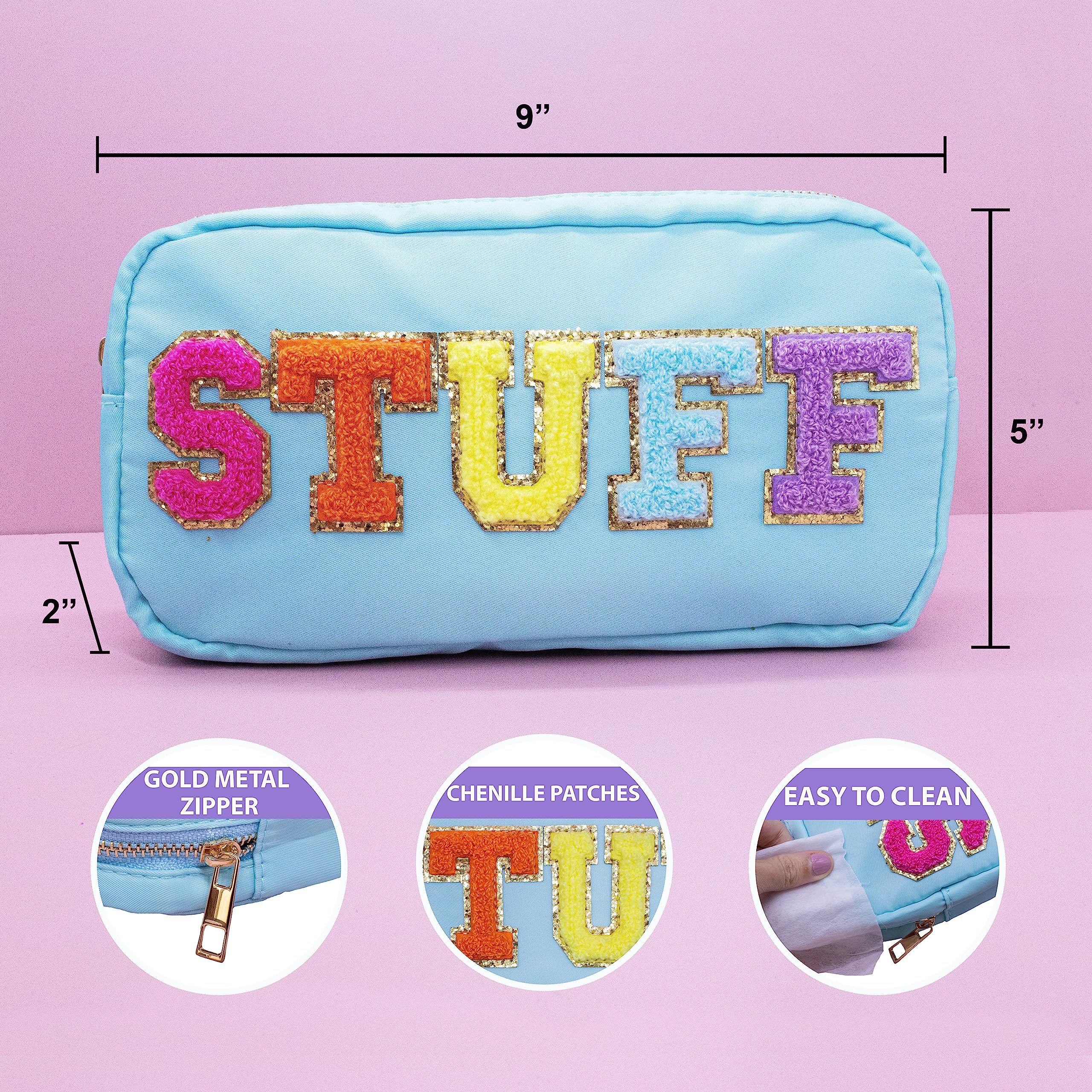 Fablinks Preppy Pouch, Chenille Varsity Letter Stuff Bag, Aqua Nylon Skin Care Patch Bags Organizer, Travel Make Up Skincare Cos