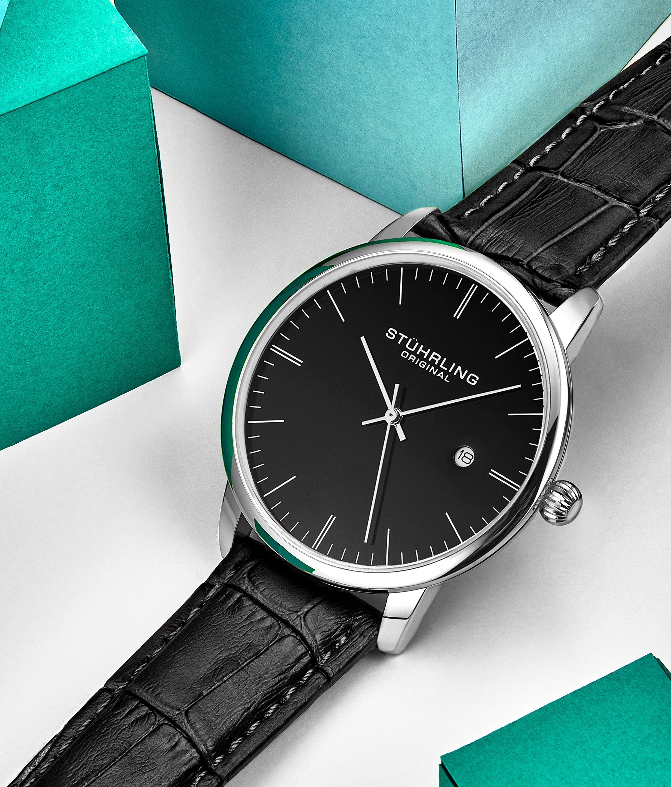 Stuhrling Original Mens Black Watch Calfskin Leather Strap Classic Dress Wrist Watch Minimalist Analog Watch Dial with Date Mens