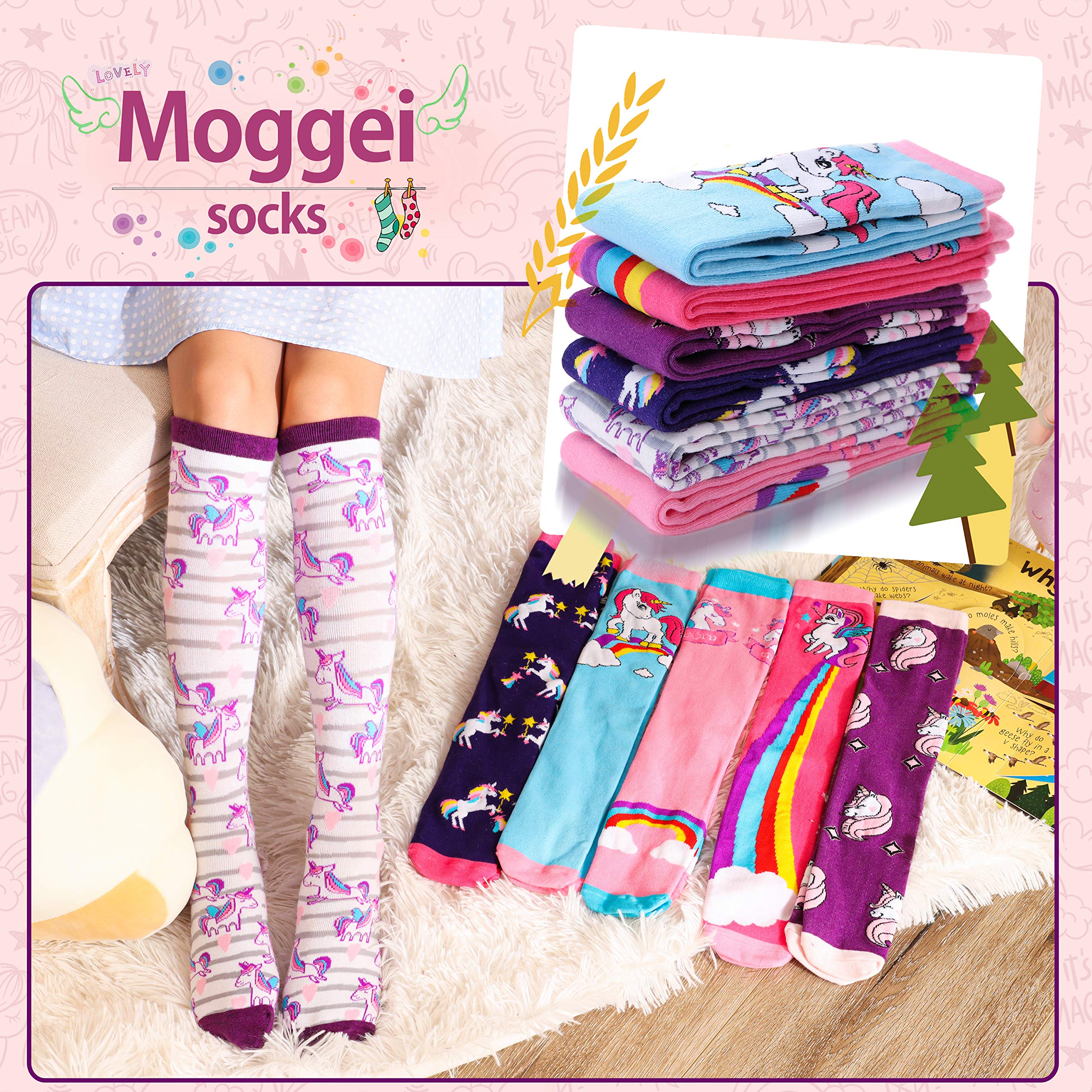 MOGGEI Kids Girls Knee High Socks Gift Long Crazy Silly Tall Funny Boot Cute Animal Child Fun Gift Stocking Stuffer Socks 6 Pair