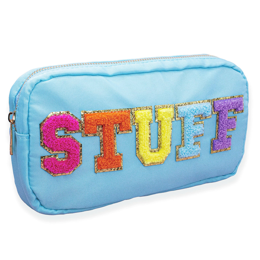 Fablinks Preppy Pouch, Chenille Varsity Letter Stuff Bag, Aqua Nylon Skin Care Patch Bags Organizer, Travel Make Up Skincare Cos