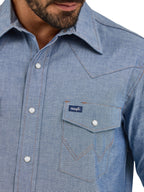 Wrangler Mens Cowboy Cut Western Two Pocket Long Sleeve Snap Work Shirt - Firm Finish - B&T,Chambray Blue,3X Tall